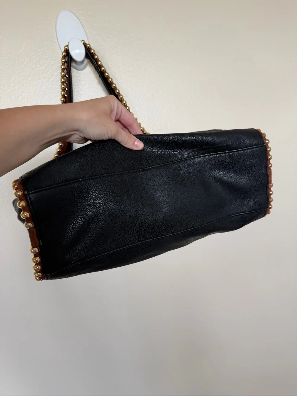 BIG BUDDHA Black Large Hobo Shoulder Bag with Cognac Brown Gold Bead Trim